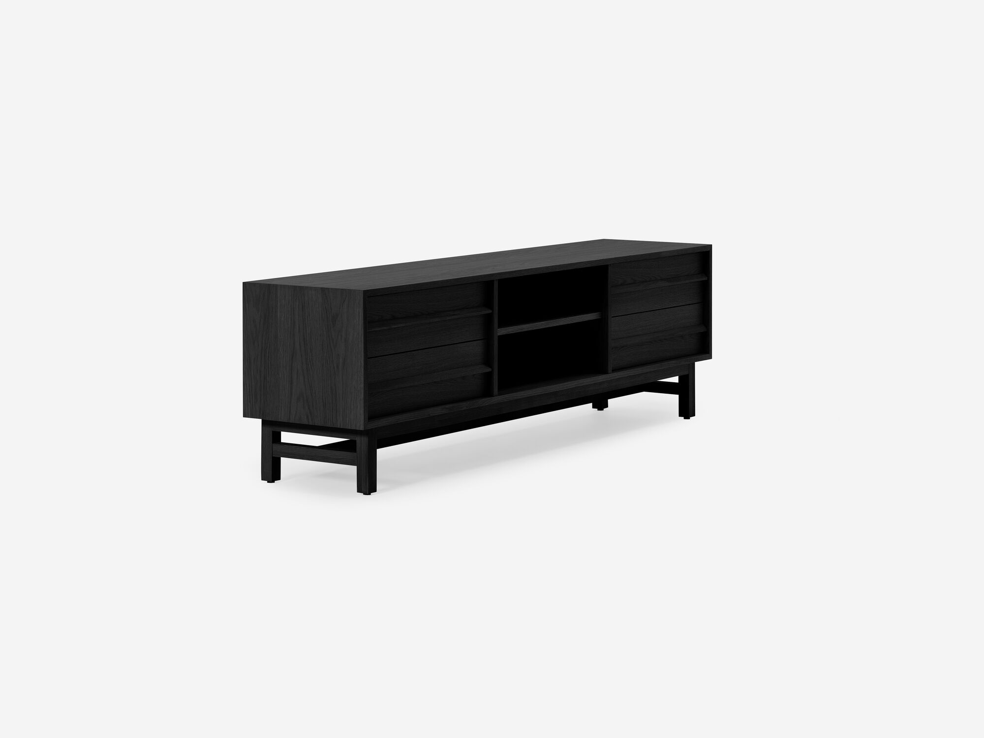 Corner view of large black oak media unit